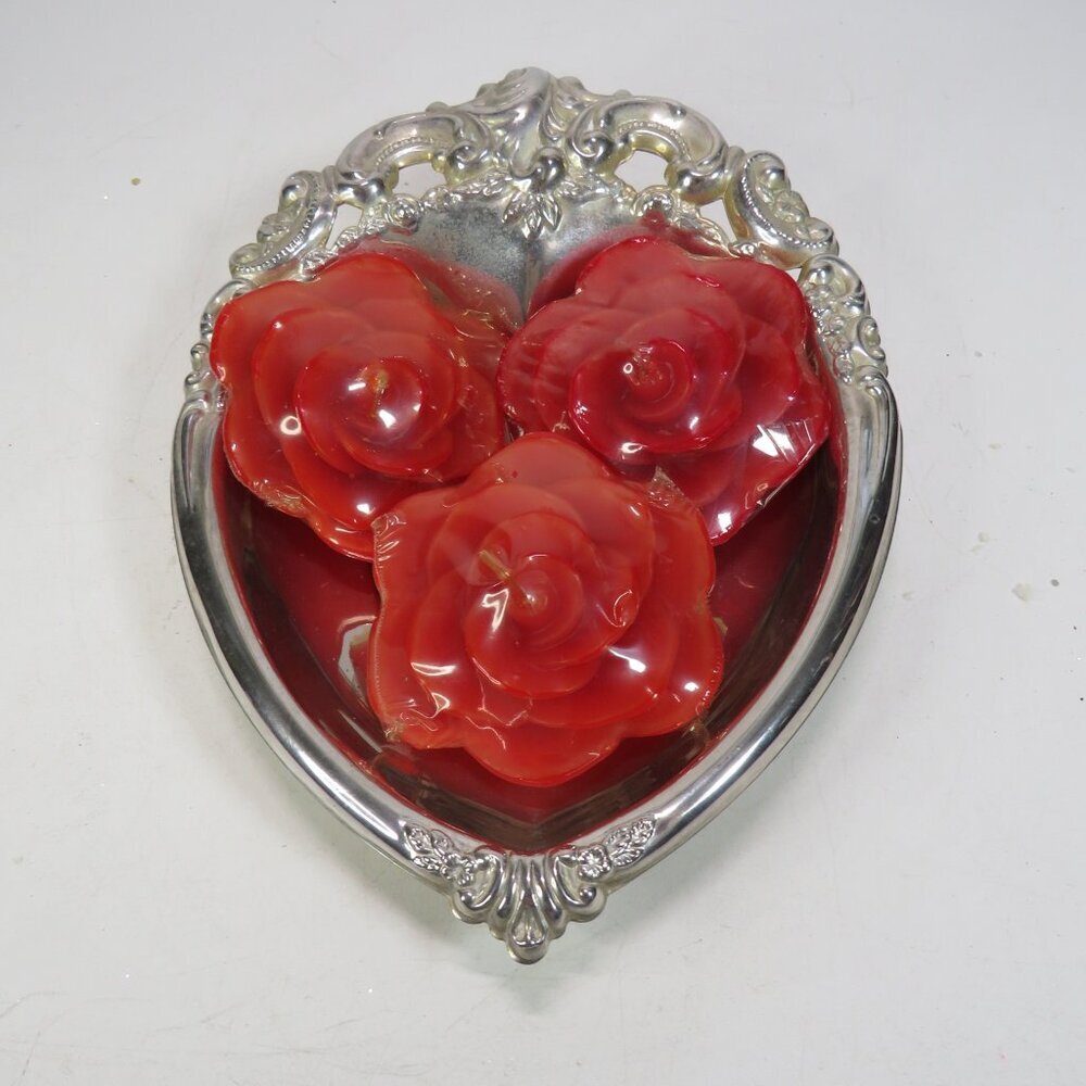 Godinger Silver Plated Hear Shaped & (3) Red Rose Candles Valentines Christmas